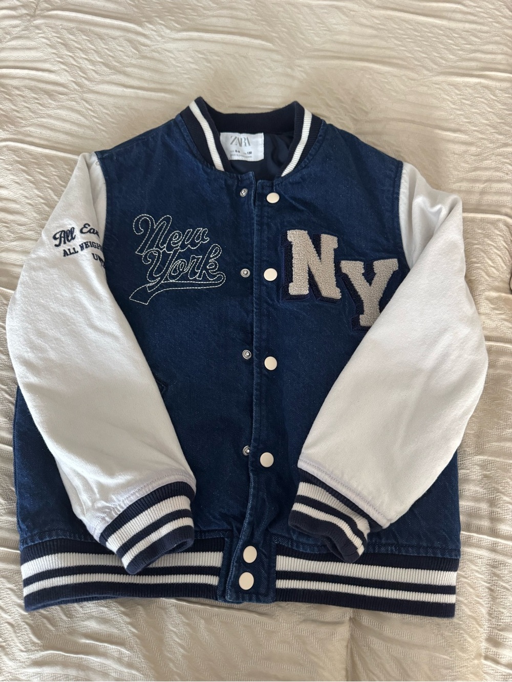 Zara Kids Navy and White 'NY' Letterman Jacket